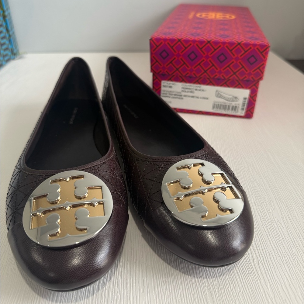 Tory Burch Quilted Minnie Metal Logo Napa Leather brown shoes